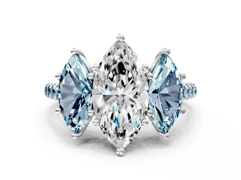 White gold Three-Stone Marquise Cut Diamond Ring with Round with Aquamarine side stone Pavé Band and Prong Setting