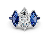 White gold Three-Stone Marquise Cut Diamond Ring with Round with Blue Sapphire side stone Pavé Band and Prong Setting_12