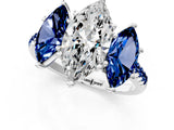 White gold Three-Stone Marquise Cut Diamond Ring with Round with Blue Sapphire side stone Pavé Band and Prong Setting_13