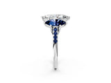 White gold Three-Stone Marquise Cut Diamond Ring with Round with Blue Sapphire side stone Pavé Band and Prong Setting_2