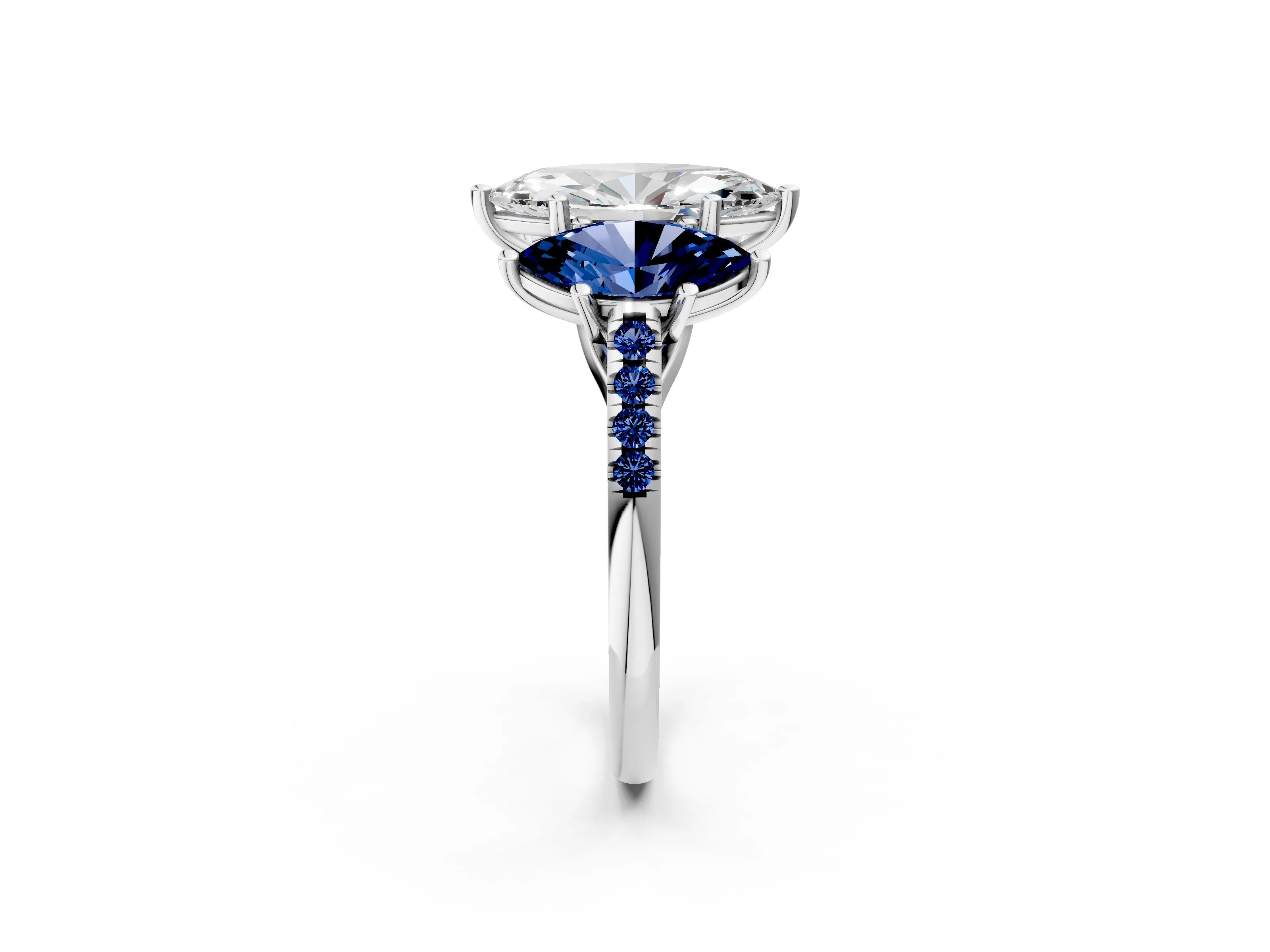 White gold Three-Stone Marquise Cut Diamond Ring with Round with Blue Sapphire side stone Pavé Band and Prong Setting_2