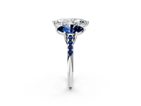White gold Three-Stone Marquise Cut Diamond Ring with Round with Blue Sapphire side stone Pavé Band and Prong Setting_2
