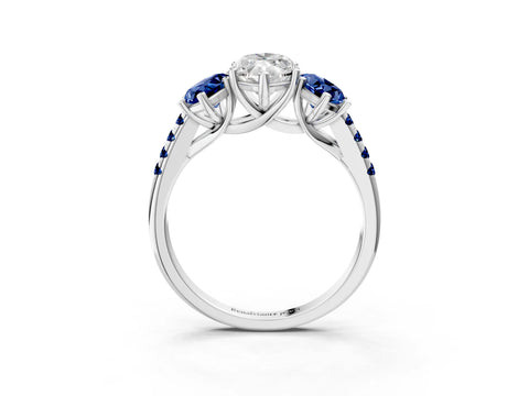 White gold Three-Stone Marquise Cut Diamond Ring with Round with Blue Sapphire side stone Pavé Band and Prong Setting_3