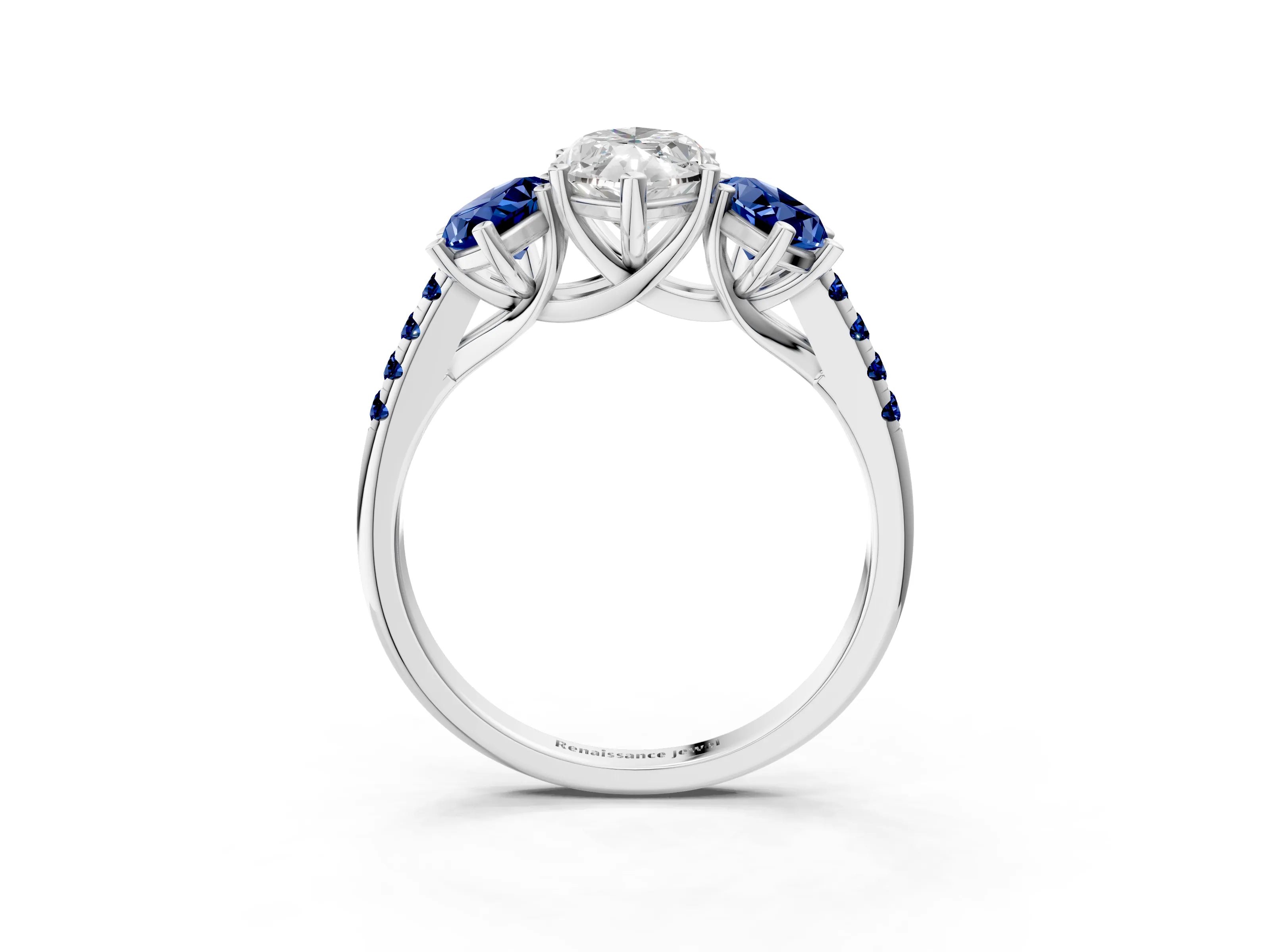 White gold Three-Stone Marquise Cut Diamond Ring with Round with Blue Sapphire side stone Pavé Band and Prong Setting_3