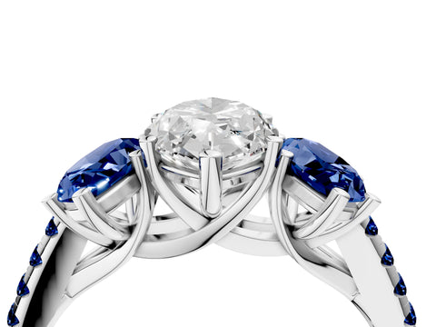 White gold Three-Stone Marquise Cut Diamond Ring with Round with Blue Sapphire side stone Pavé Band and Prong Setting_4