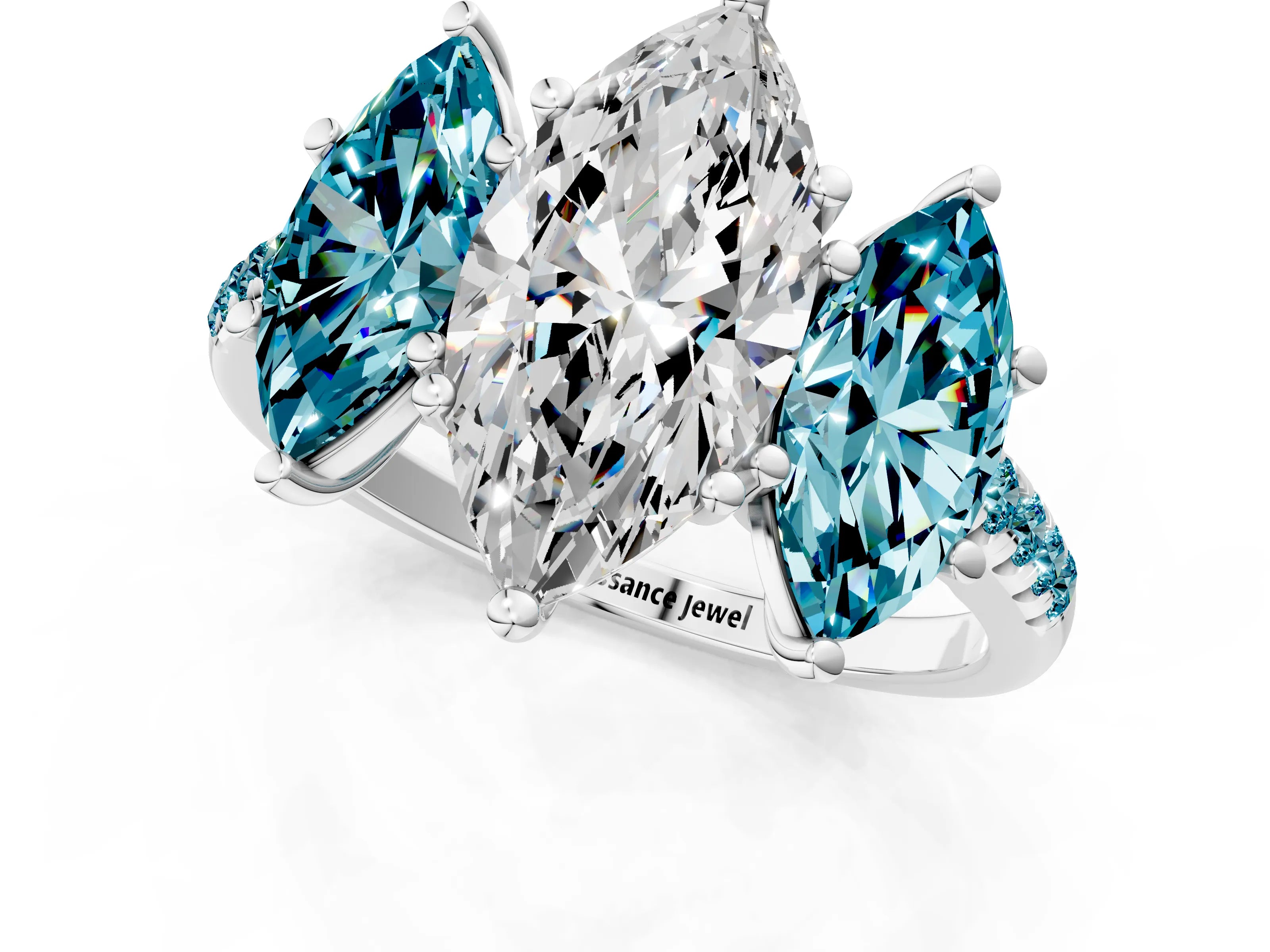 White gold Three-Stone Marquise Cut Diamond Ring with Round with Blue Topaz side stone Pavé Band and Prong Setting_1