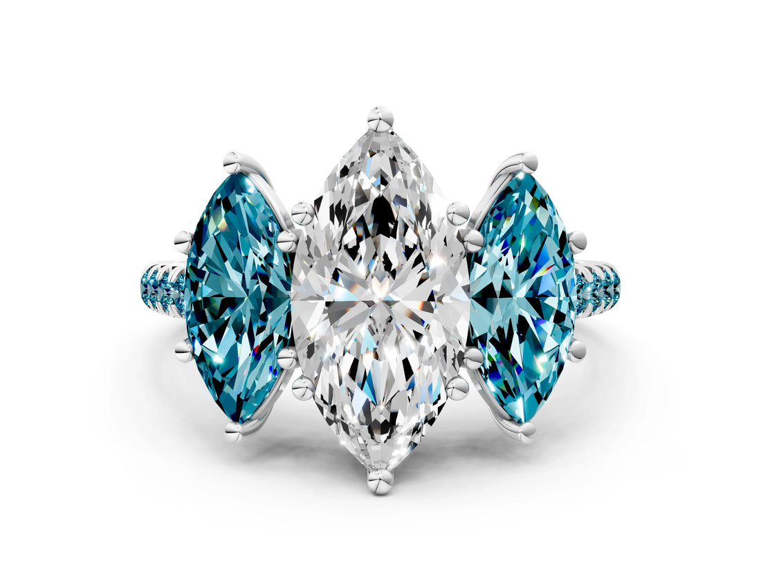White gold Three-Stone Marquise Cut Diamond Ring with Round with Blue Topaz side stone Pavé Band and Prong Setting_12