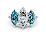 White gold Three-Stone Marquise Cut Diamond Ring with Round with Blue Topaz side stone Pavé Band and Prong Setting_12