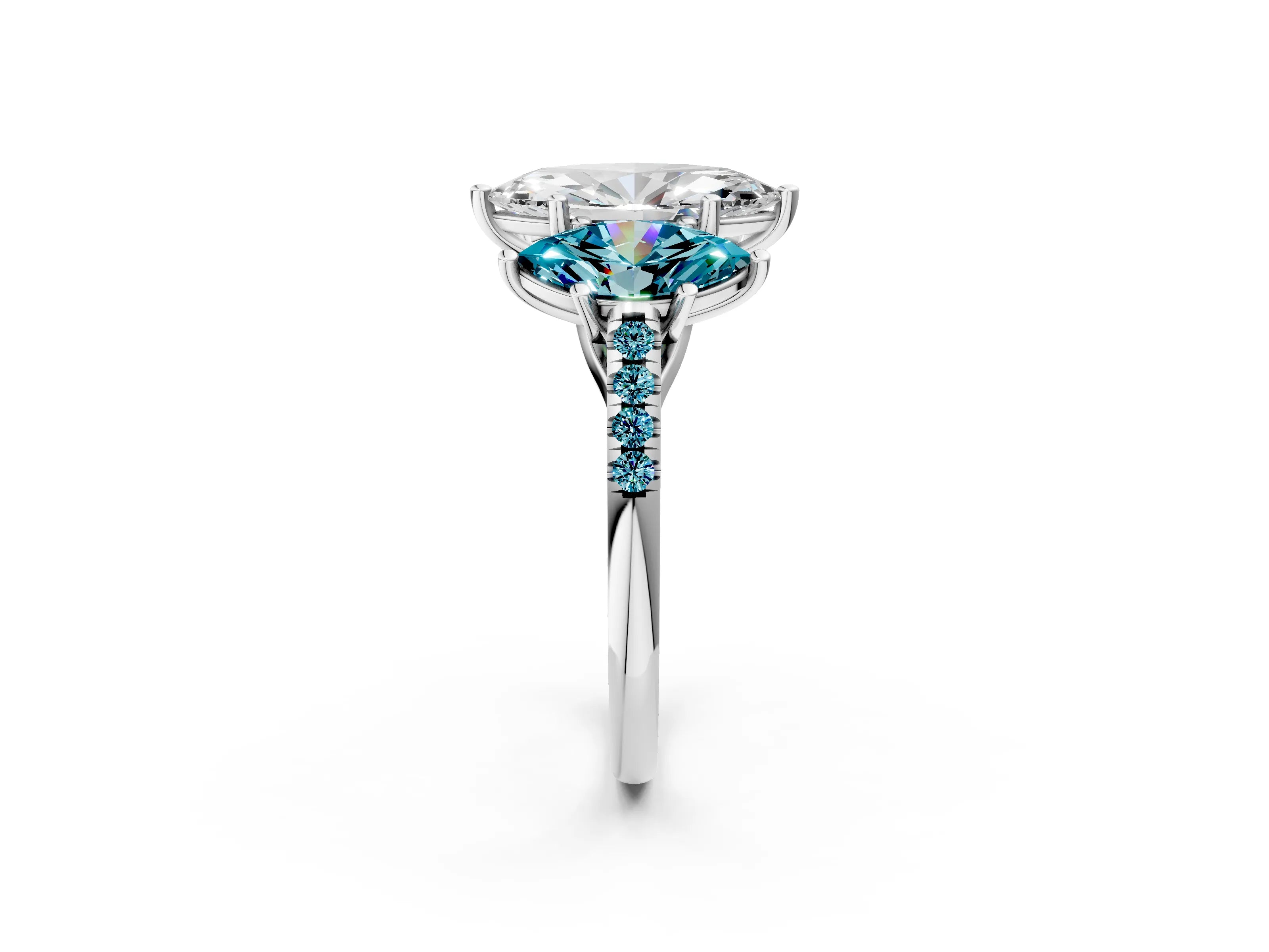 White gold Three-Stone Marquise Cut Diamond Ring with Round with Blue Topaz side stone Pavé Band and Prong Setting_2