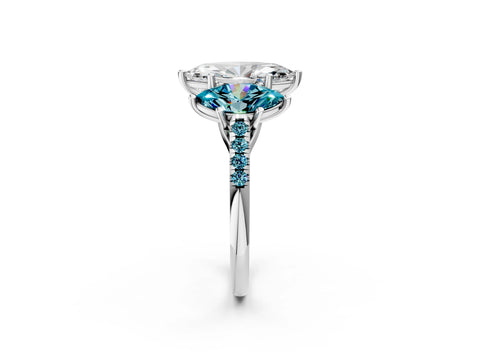 White gold Three-Stone Marquise Cut Diamond Ring with Round with Blue Topaz side stone Pavé Band and Prong Setting_2