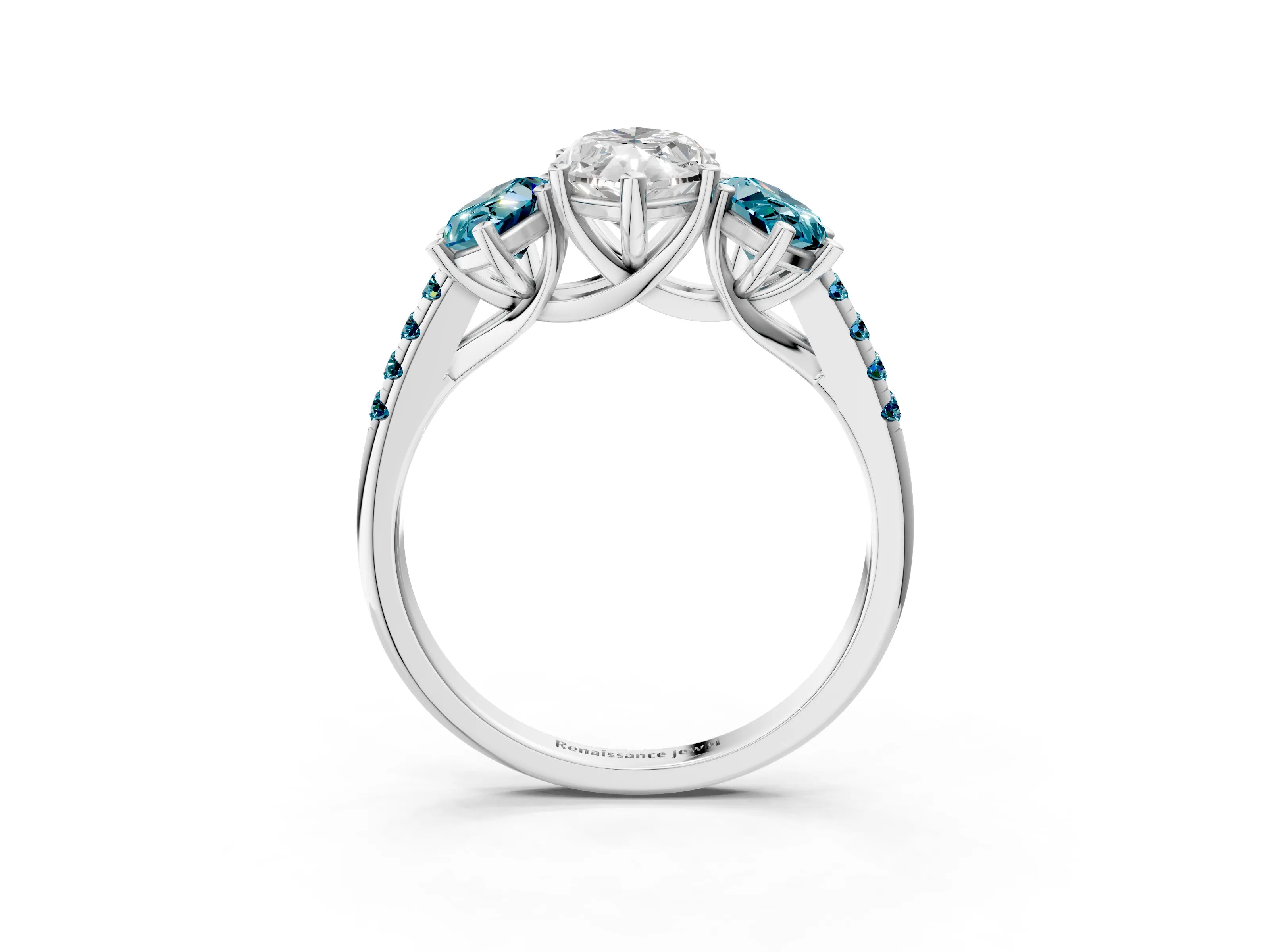 White gold Three-Stone Marquise Cut Diamond Ring with Round with Blue Topaz side stone Pavé Band and Prong Setting_3