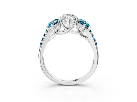 White gold Three-Stone Marquise Cut Diamond Ring with Round with Blue Topaz side stone Pavé Band and Prong Setting_3