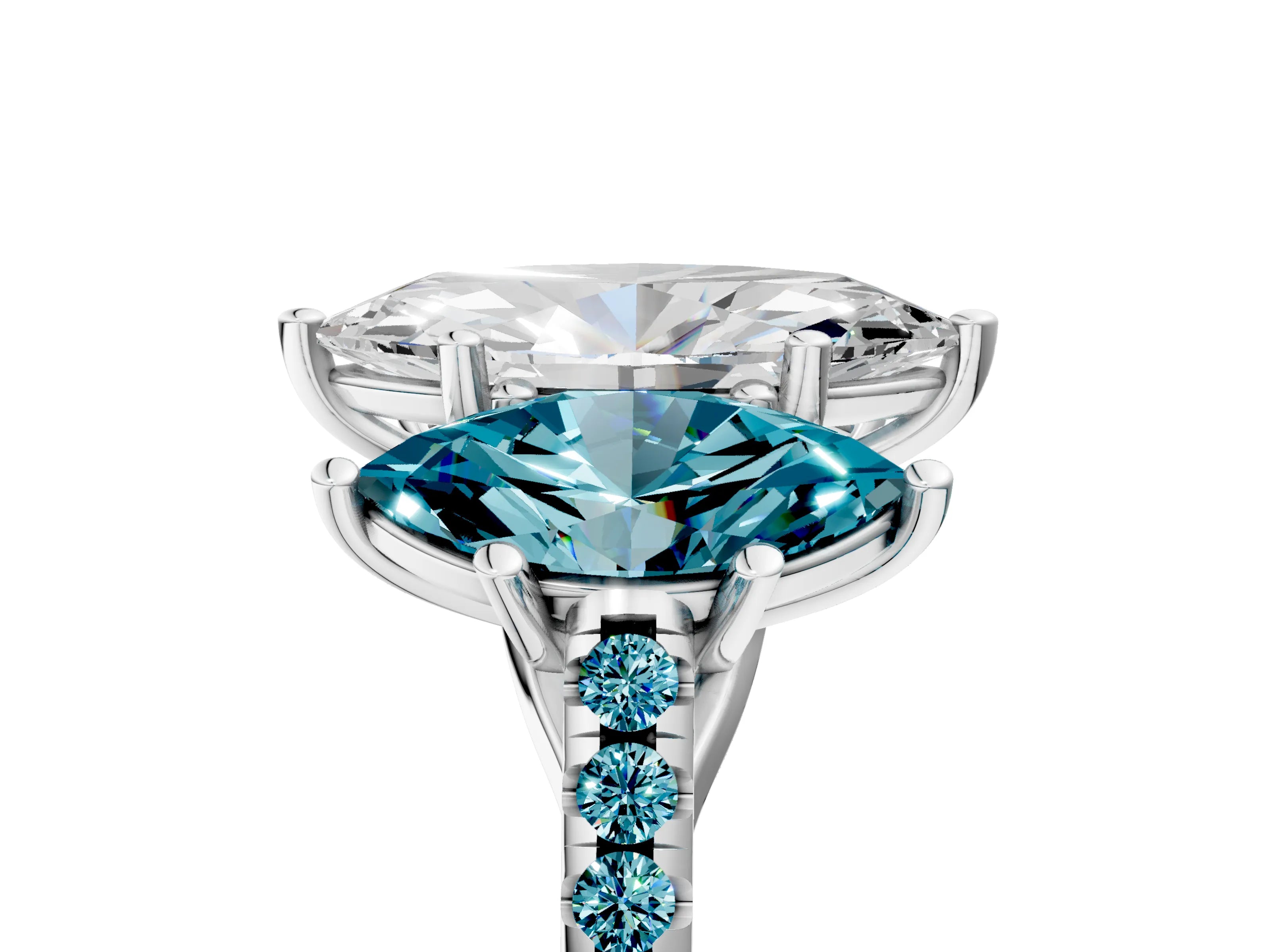 White gold Three-Stone Marquise Cut Diamond Ring with Round with Blue Topaz side stone Pavé Band and Prong Setting_5