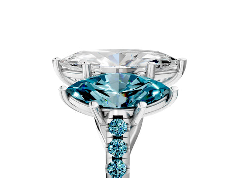 White gold Three-Stone Marquise Cut Diamond Ring with Round with Blue Topaz side stone Pavé Band and Prong Setting_5