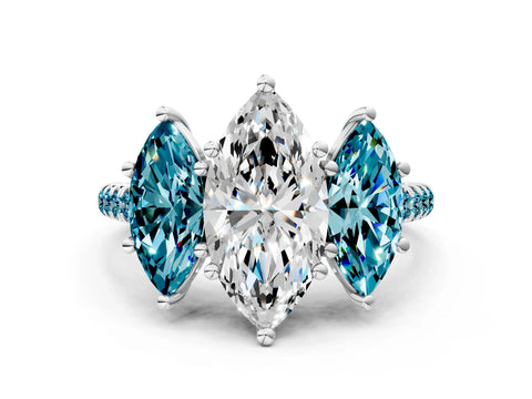 White gold Three-Stone Marquise Cut Diamond Ring with Round with Blue Topaz side stone Pavé Band and Prong Setting