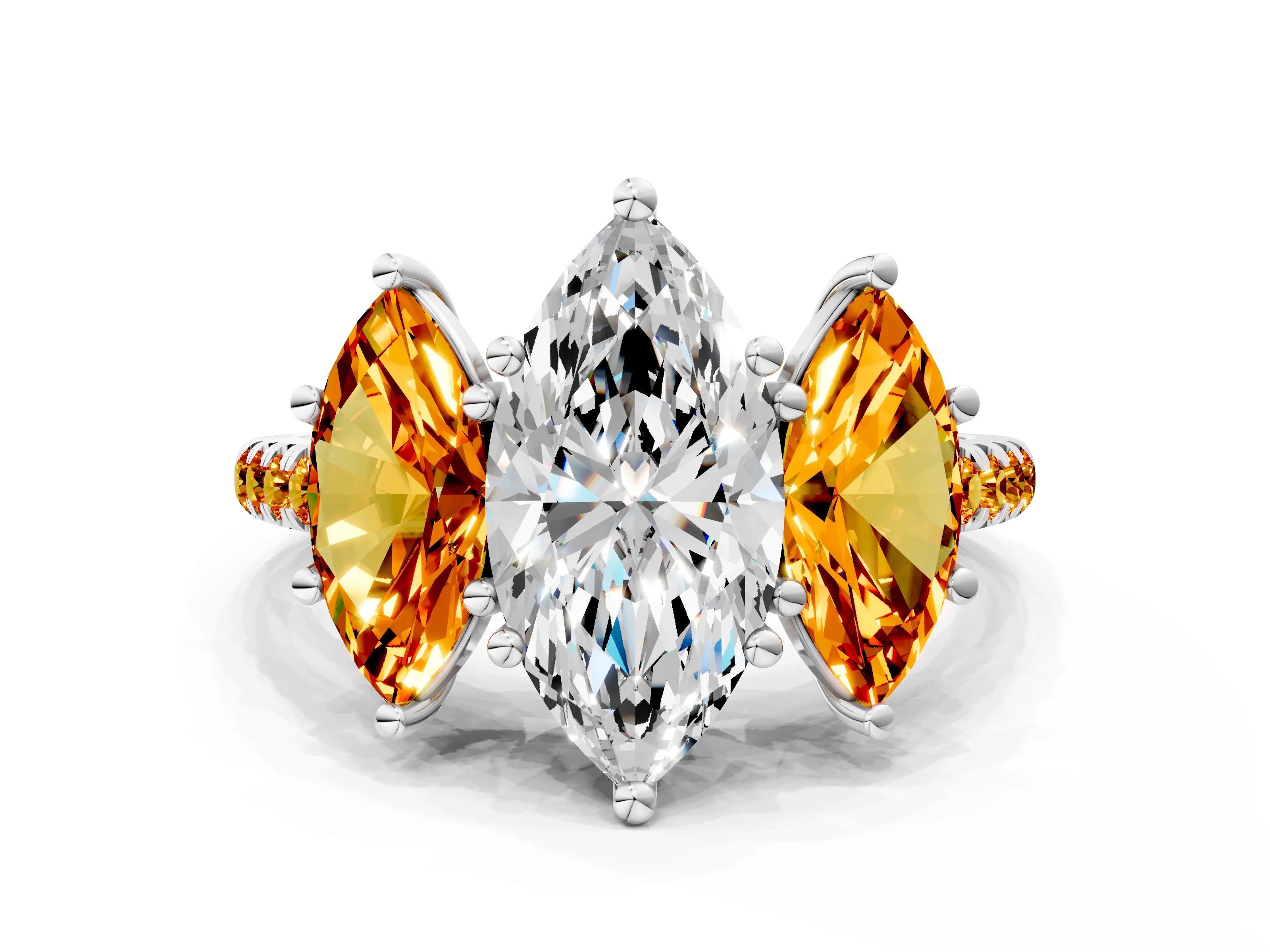 White gold Three-Stone Marquise Cut Diamond Ring with Round with Citrine side stone Pavé Band and Prong Setting
