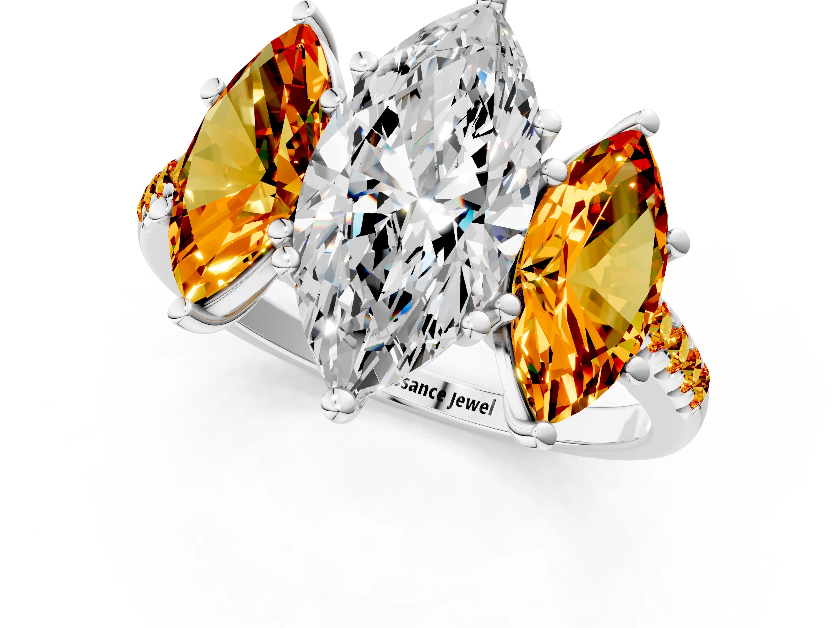 White gold Three-Stone Marquise Cut Diamond Ring with Round with Citrine side stone Pavé Band and Prong Setting_1