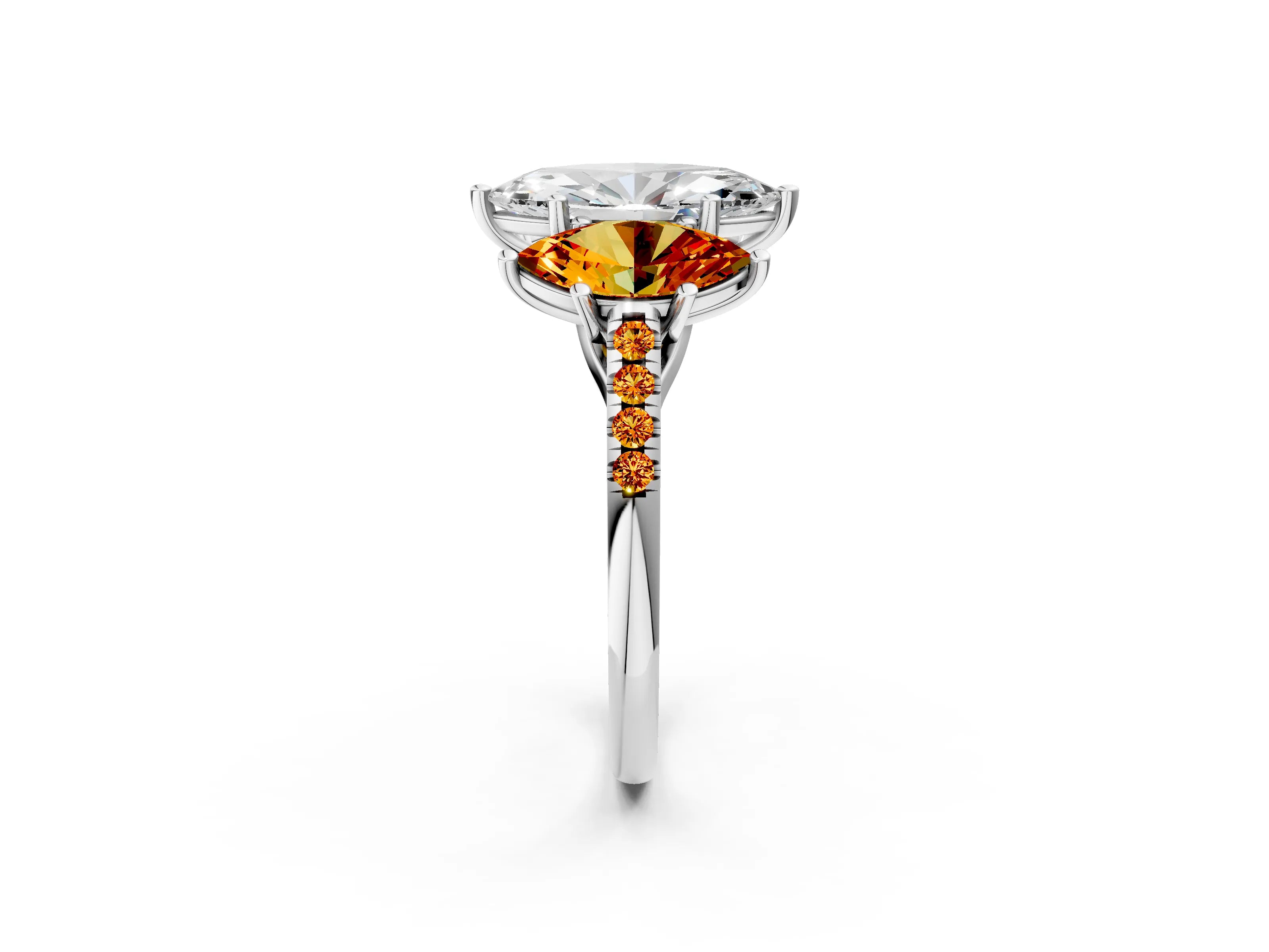 White gold Three-Stone Marquise Cut Diamond Ring with Round with Citrine side stone Pavé Band and Prong Setting_2
