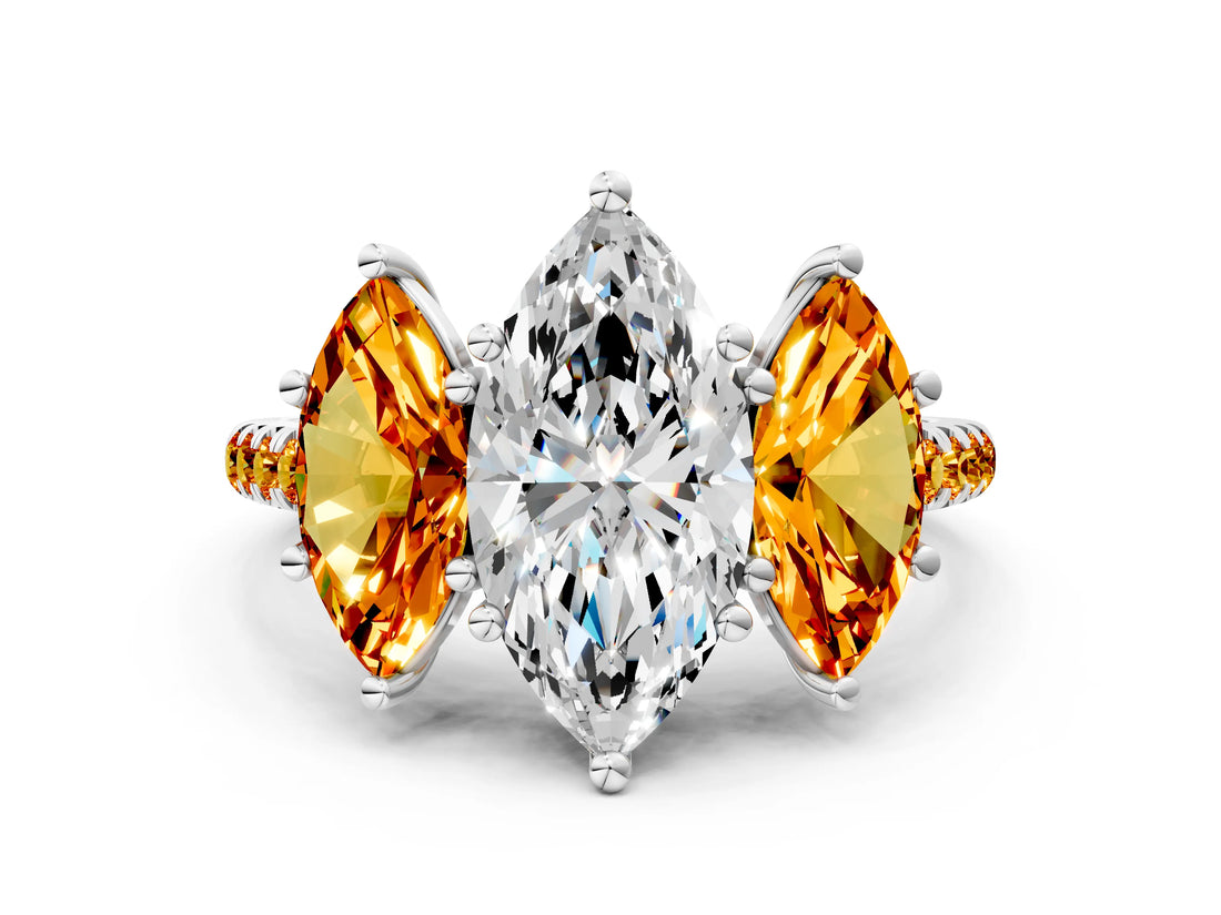 White gold Three-Stone Marquise Cut Diamond Ring with Round with Citrine side stone Pavé Band and Prong Setting_24
