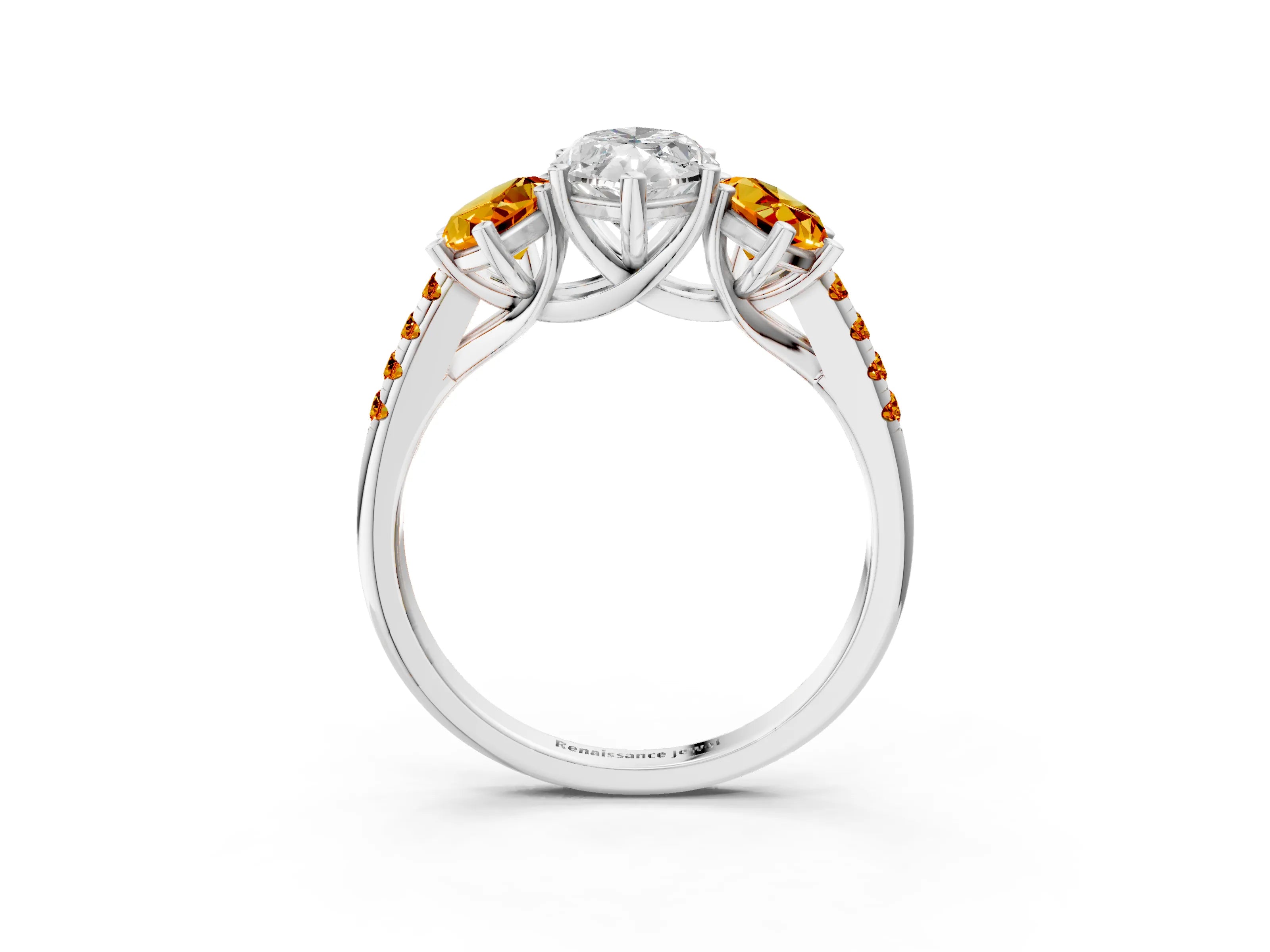 White gold Three-Stone Marquise Cut Diamond Ring with Round with Citrine side stone Pavé Band and Prong Setting_3