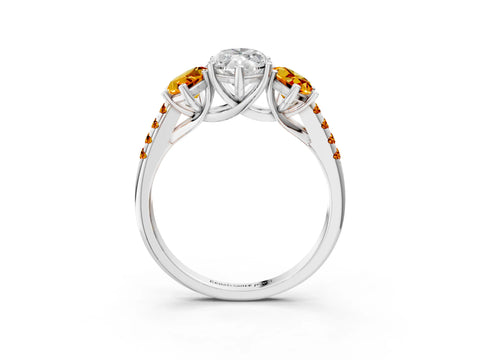 White gold Three-Stone Marquise Cut Diamond Ring with Round with Citrine side stone Pavé Band and Prong Setting_3