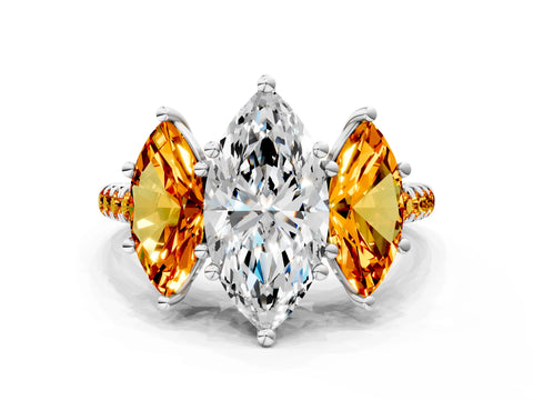 White gold Three-Stone Marquise Cut Diamond Ring with Round with Citrine side stone Pavé Band and Prong Setting
