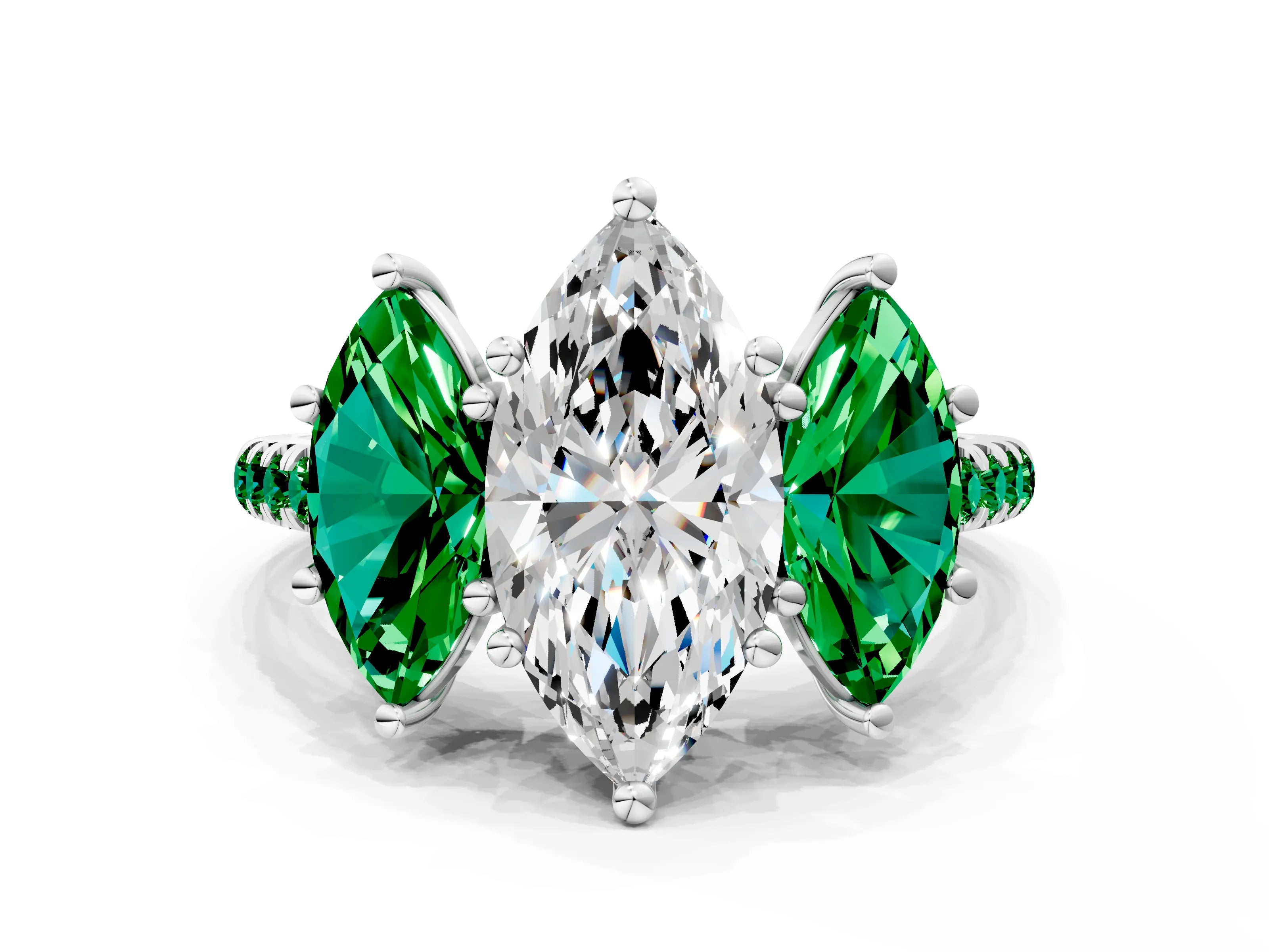White gold Three-Stone Marquise Cut Diamond Ring with Round with Emerald side stone Pavé Band and Prong Setting