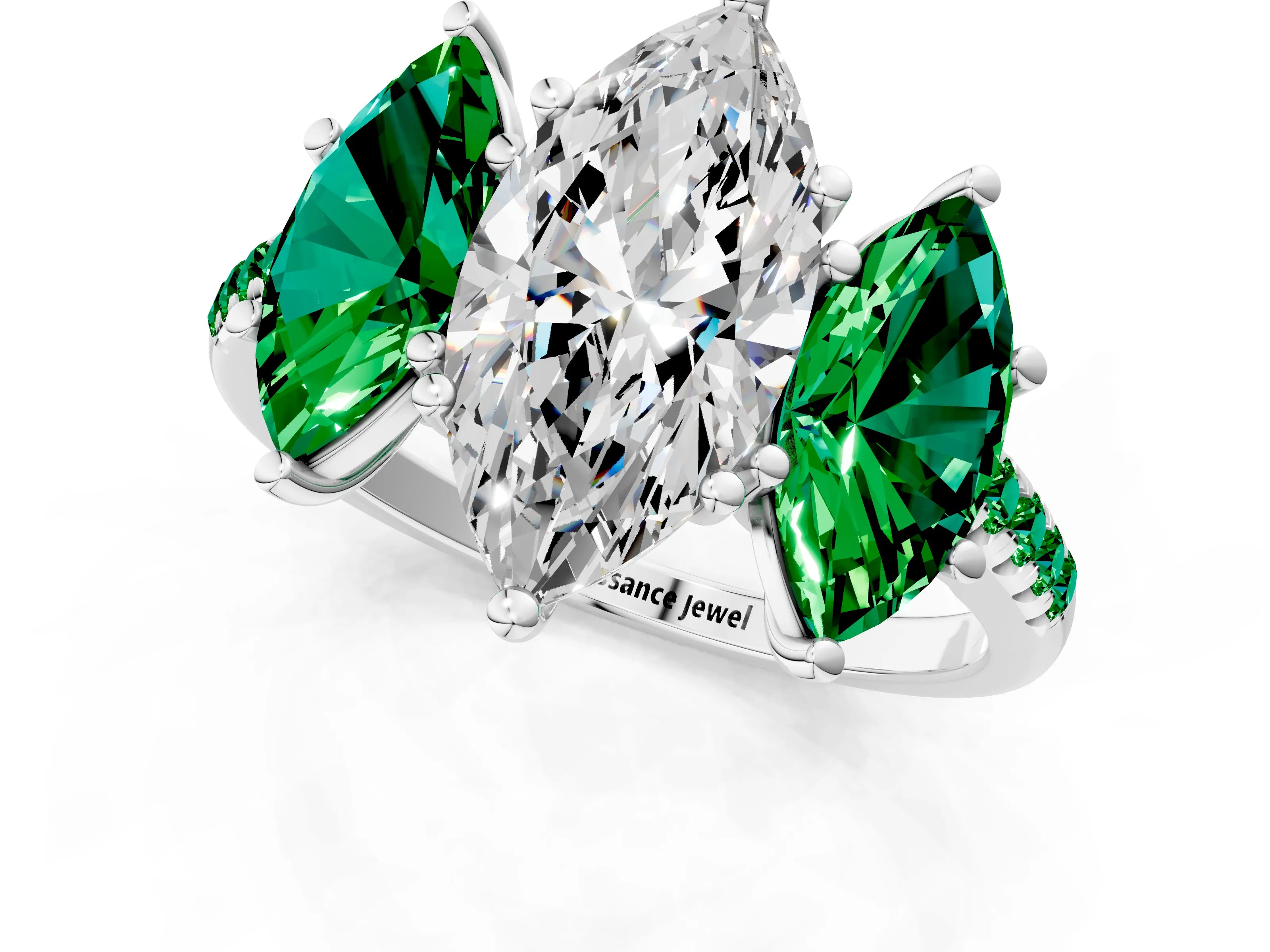 White gold Three-Stone Marquise Cut Diamond Ring with Round with Emerald side stone Pavé Band and Prong Setting_1