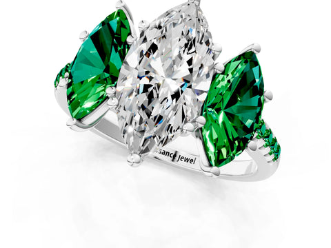 White gold Three-Stone Marquise Cut Diamond Ring with Round with Emerald side stone Pavé Band and Prong Setting_1