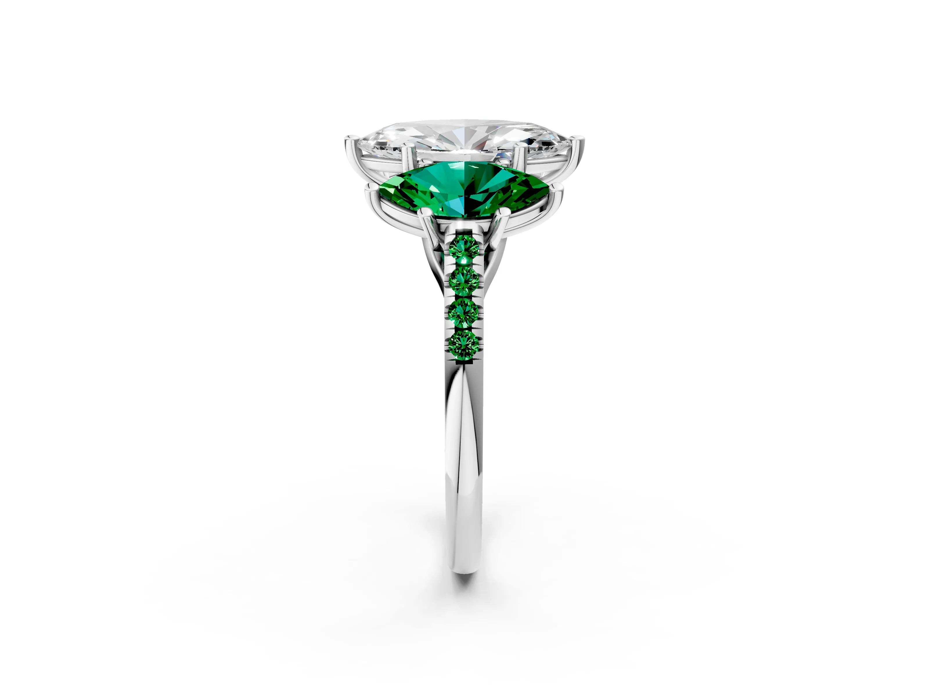 White gold Three-Stone Marquise Cut Diamond Ring with Round with Emerald side stone Pavé Band and Prong Setting_2
