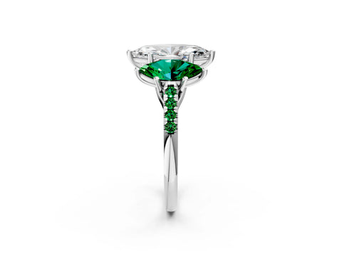 White gold Three-Stone Marquise Cut Diamond Ring with Round with Emerald side stone Pavé Band and Prong Setting_2