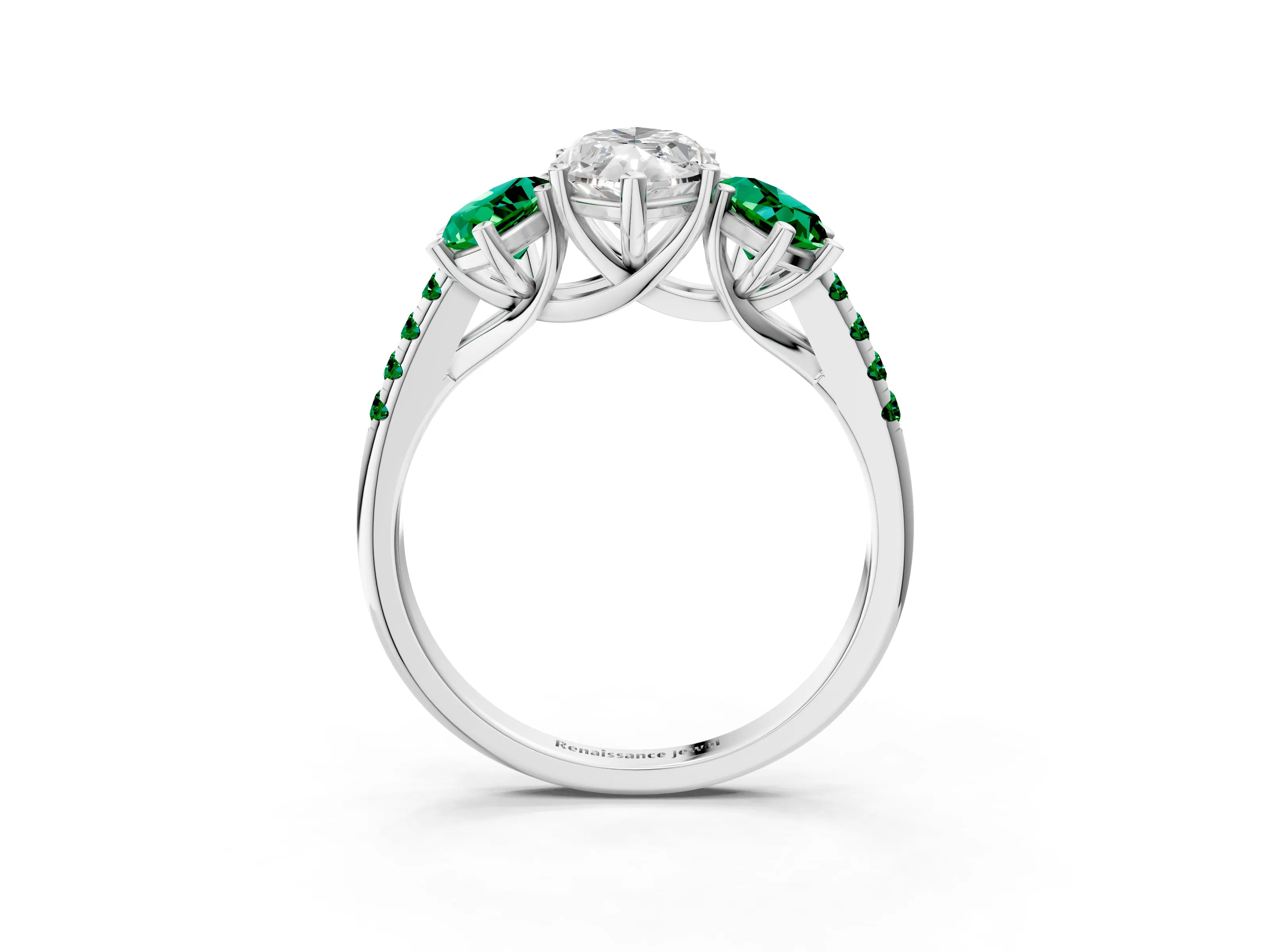 White gold Three-Stone Marquise Cut Diamond Ring with Round with Emerald side stone Pavé Band and Prong Setting_3