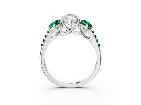 White gold Three-Stone Marquise Cut Diamond Ring with Round with Emerald side stone Pavé Band and Prong Setting_3