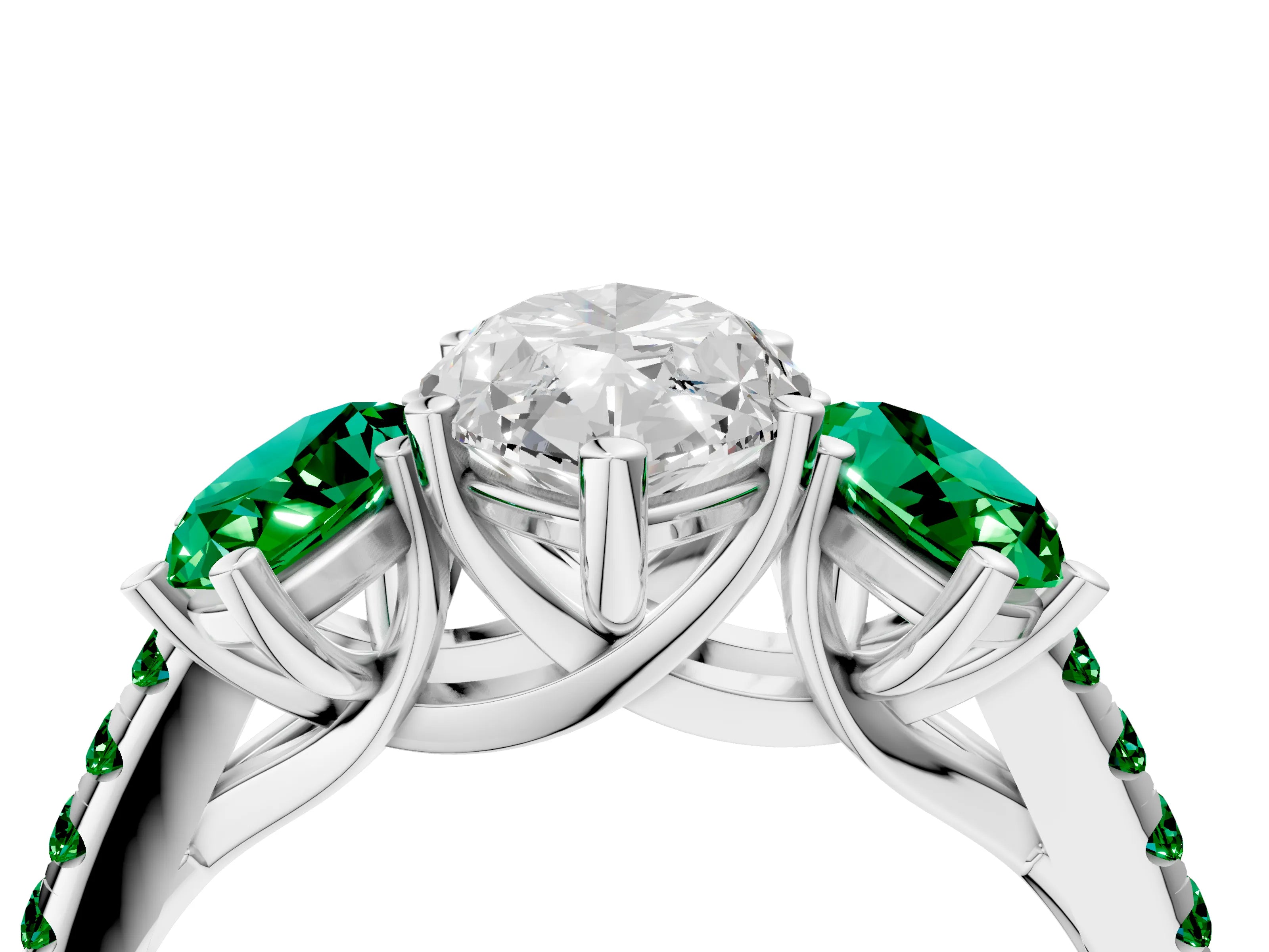White gold Three-Stone Marquise Cut Diamond Ring with Round with Emerald side stone Pavé Band and Prong Setting_4