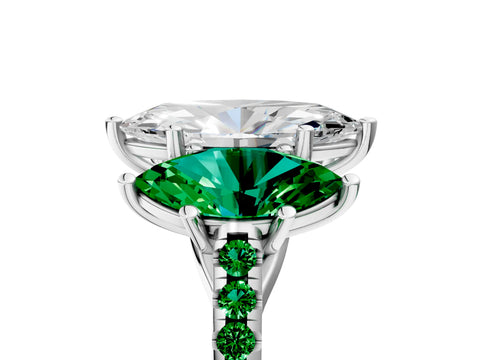 White gold Three-Stone Marquise Cut Diamond Ring with Round with Emerald side stone Pavé Band and Prong Setting_5