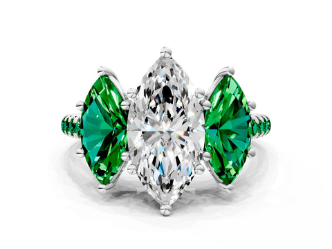 White gold Three-Stone Marquise Cut Diamond Ring with Round with Emerald side stone Pavé Band and Prong Setting