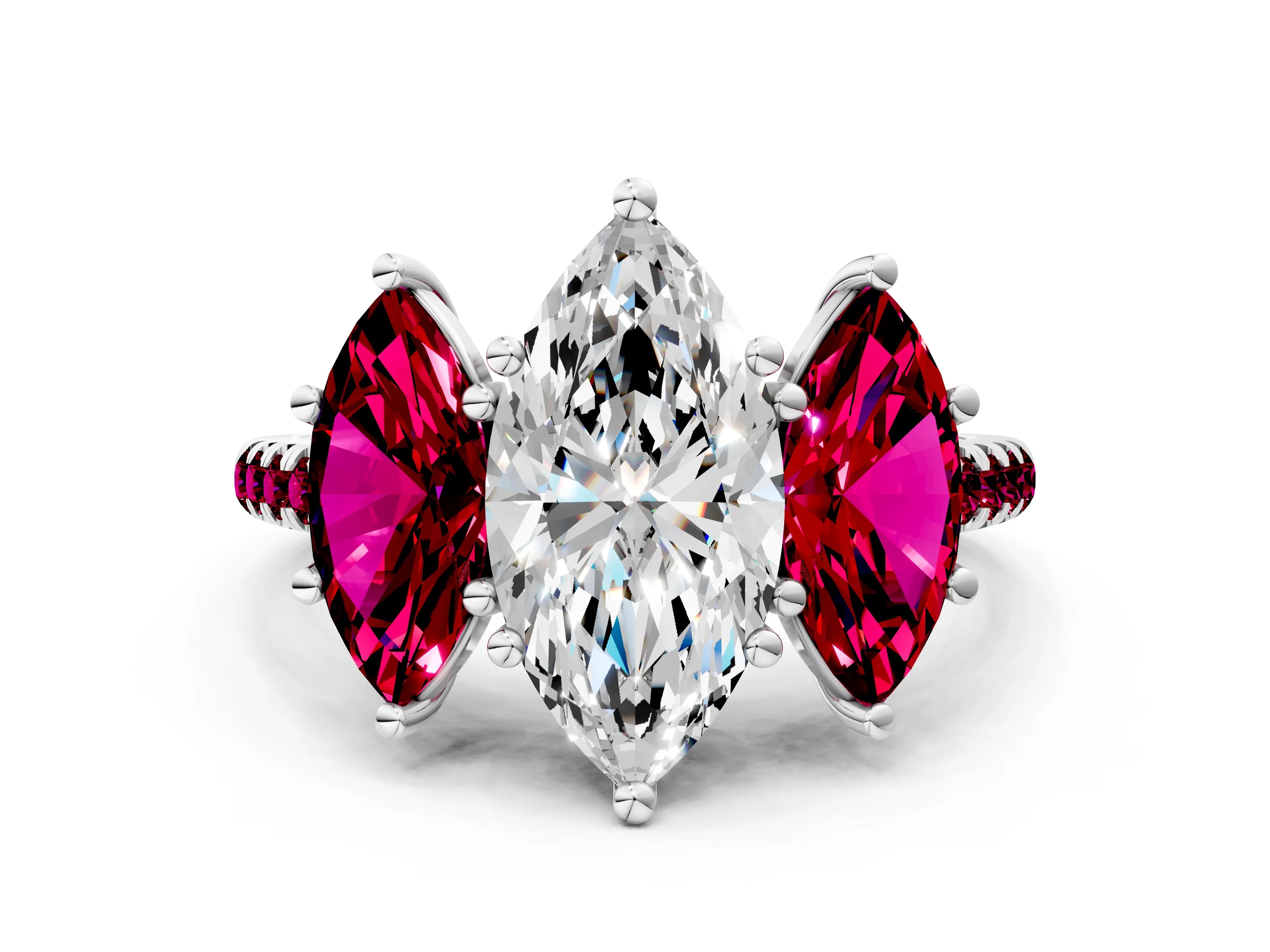 White gold Three-Stone Marquise Cut Diamond Ring with Round with Garnet side stone Pavé Band and Prong Setting