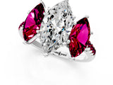 White gold Three-Stone Marquise Cut Diamond Ring with Round with Garnet side stone Pavé Band and Prong Setting_13