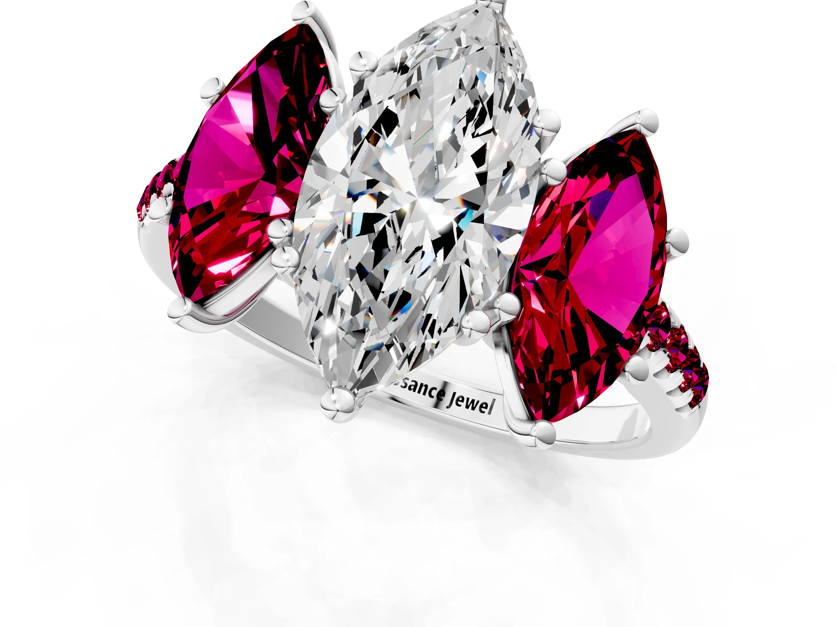 White gold Three-Stone Marquise Cut Diamond Ring with Round with Garnet side stone Pavé Band and Prong Setting_1