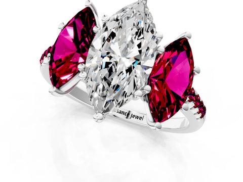 White gold Three-Stone Marquise Cut Diamond Ring with Round with Garnet side stone Pavé Band and Prong Setting_1