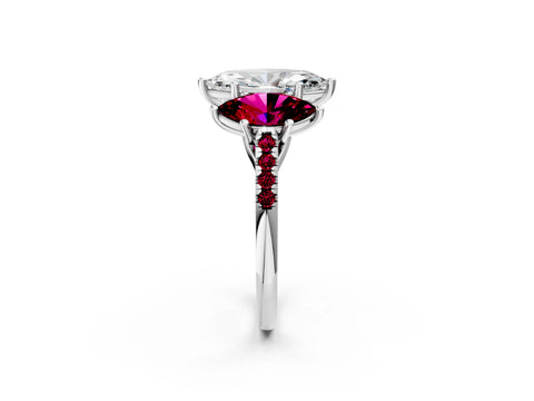 White gold Three-Stone Marquise Cut Diamond Ring with Round with Garnet side stone Pavé Band and Prong Setting_2