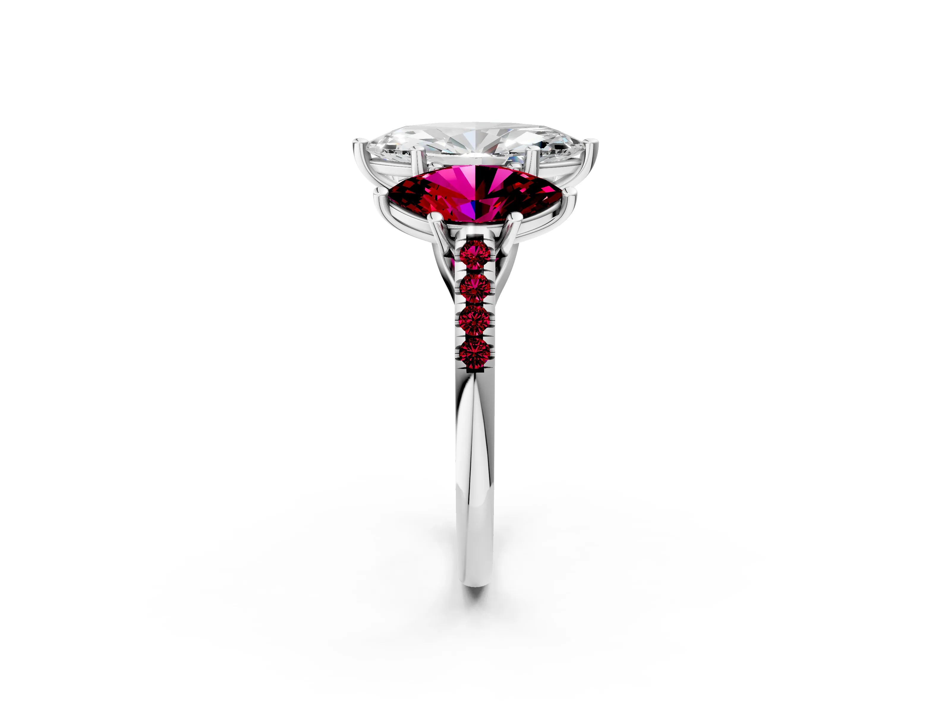 White gold Three-Stone Marquise Cut Diamond Ring with Round with Garnet side stone Pavé Band and Prong Setting_2