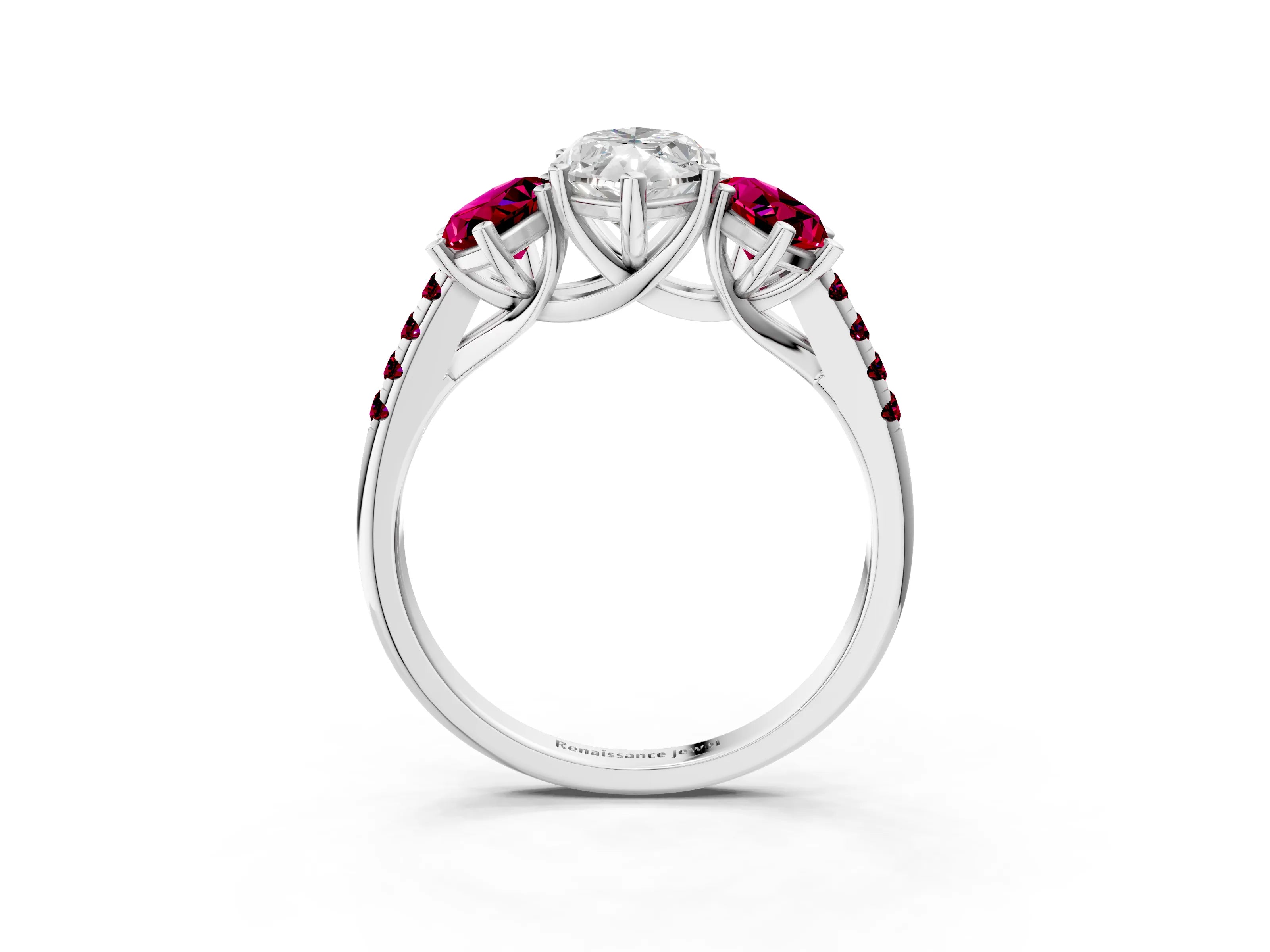 White gold Three-Stone Marquise Cut Diamond Ring with Round with Garnet side stone Pavé Band and Prong Setting_3