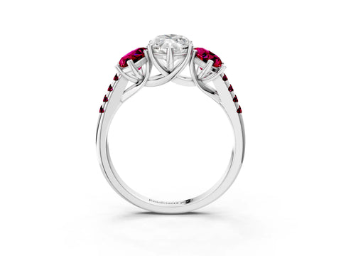 White gold Three-Stone Marquise Cut Diamond Ring with Round with Garnet side stone Pavé Band and Prong Setting_3