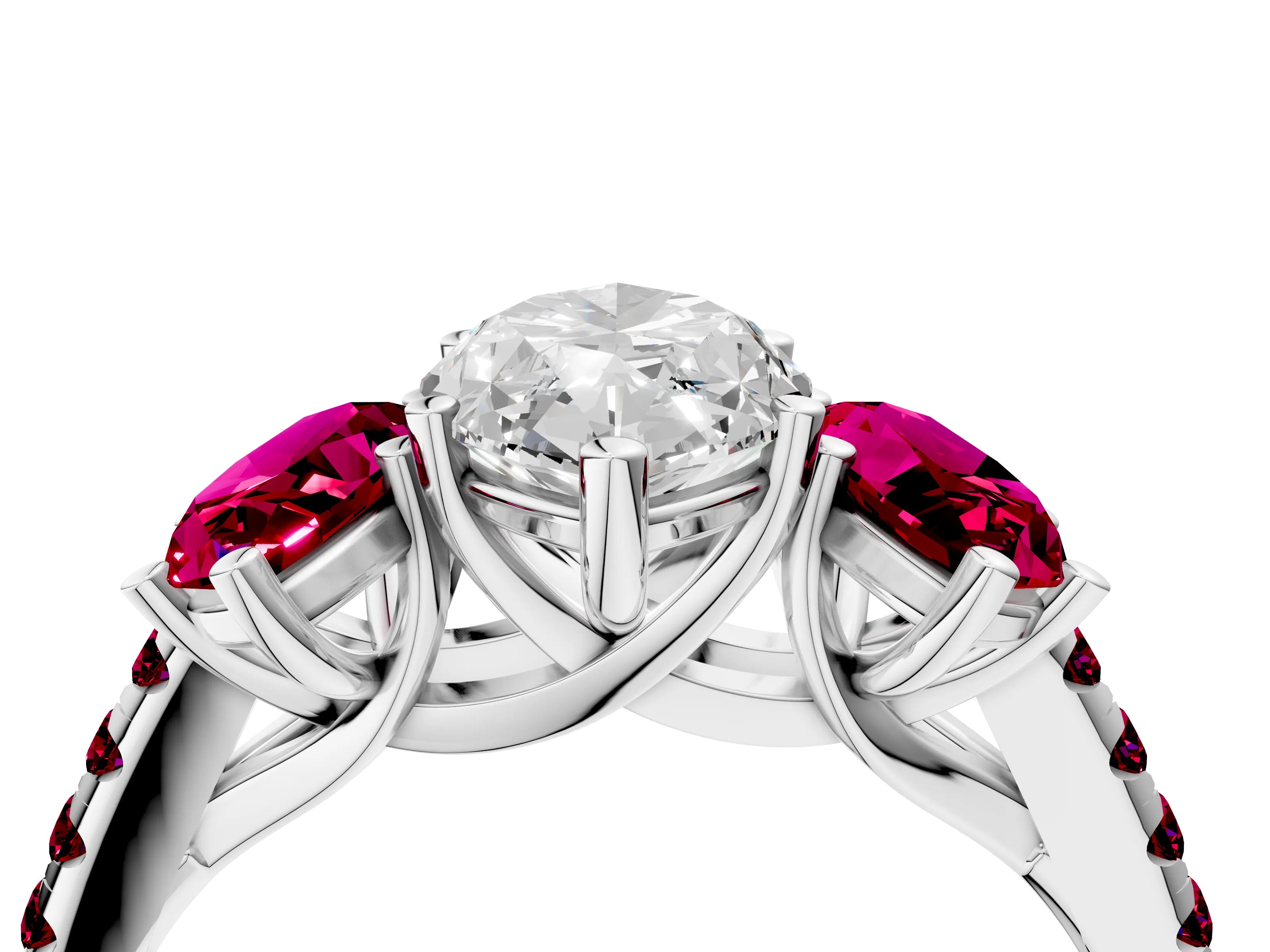 White gold Three-Stone Marquise Cut Diamond Ring with Round with Garnet side stone Pavé Band and Prong Setting_4