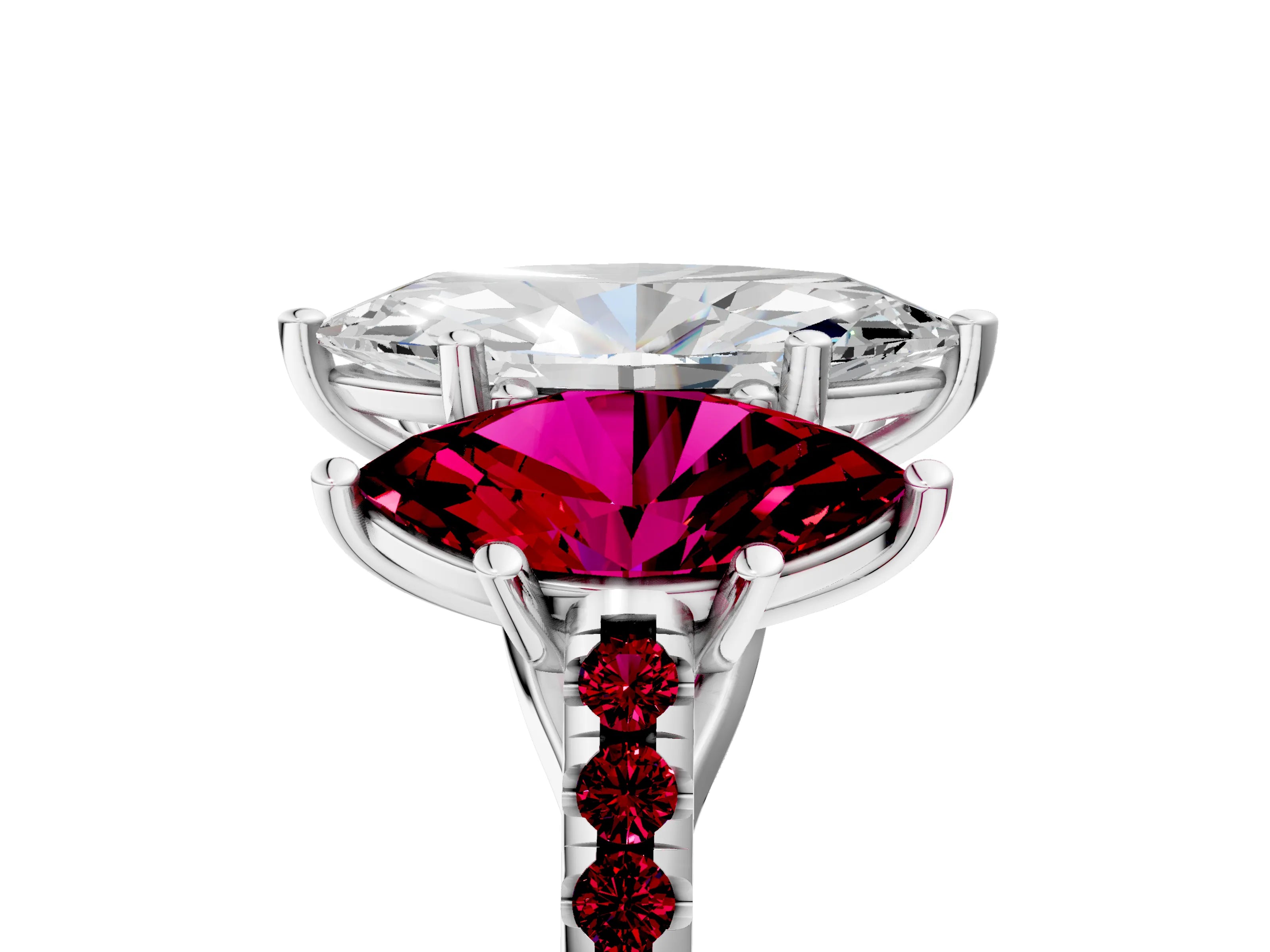 White gold Three-Stone Marquise Cut Diamond Ring with Round with Garnet side stone Pavé Band and Prong Setting_5
