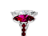 White gold Three-Stone Marquise Cut Diamond Ring with Round with Garnet side stone Pavé Band and Prong Setting_5