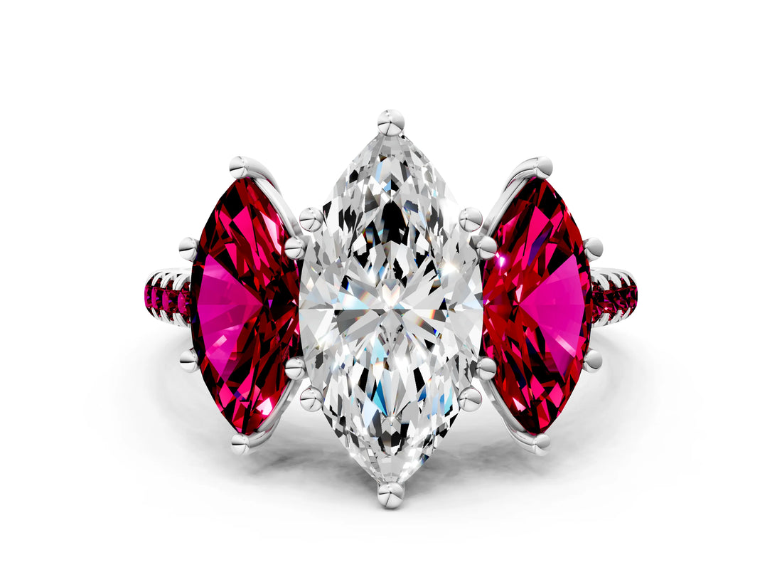 White gold Three-Stone Marquise Cut Diamond Ring with Round with Garnet side stone Pavé Band and Prong Setting
