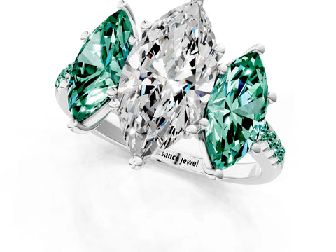 White gold Three-Stone Marquise Cut Diamond Ring with Round with Green Sapphire side stone Pavé Band and Prong Setting_1