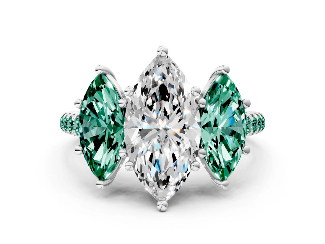 White gold Three-Stone Marquise Cut Diamond Ring with Round with Green Sapphire side stone Pavé Band and Prong Setting_24